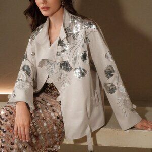 Apricot Elegant Women's Loose Long Sleeve Sequin Coats